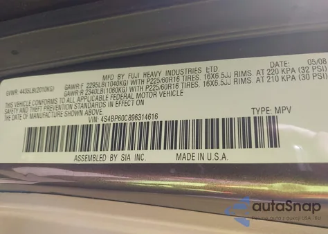 2009 Subaru Outback 2.5I from USA, damaged, VIN 4S4BP60C896314616